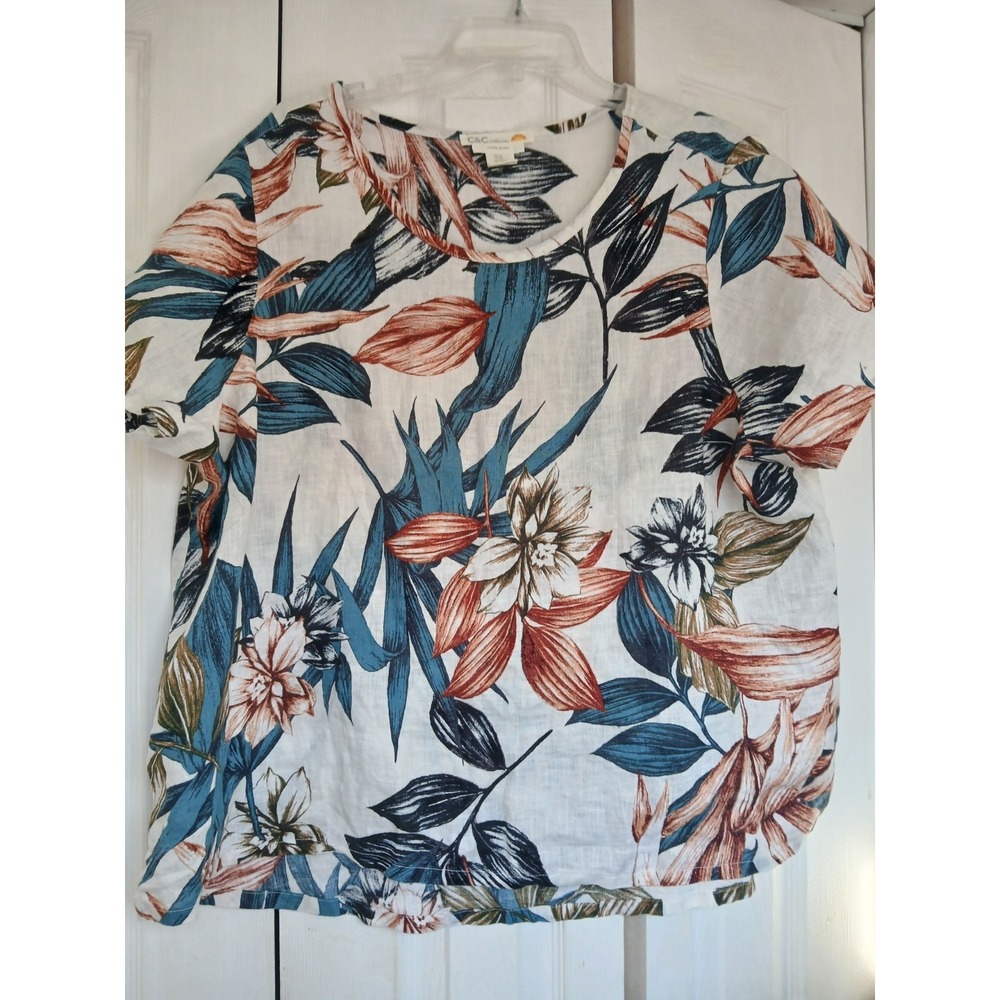 C & C California 100% Linen Short Sleeve Top Plus Size 2X Boho Tropical Vacation